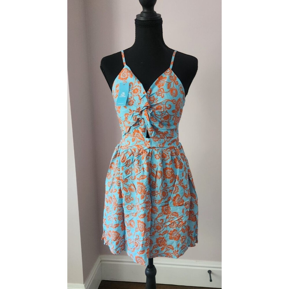 NWT CUPSHE Cutout Mini Dress Blue Orange Floral Summer Sundress Boho - Medium - Picture 2 of 8
